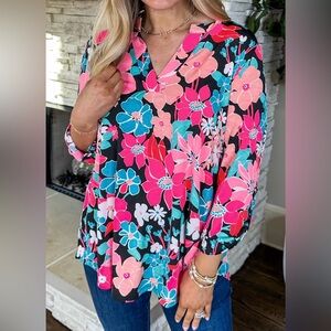 Pink Floral Vneck Roll Tab Sleeve Blouse